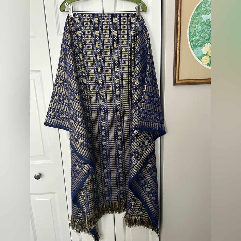 Blue and Gold Elephant Patterned Fringed Fabric